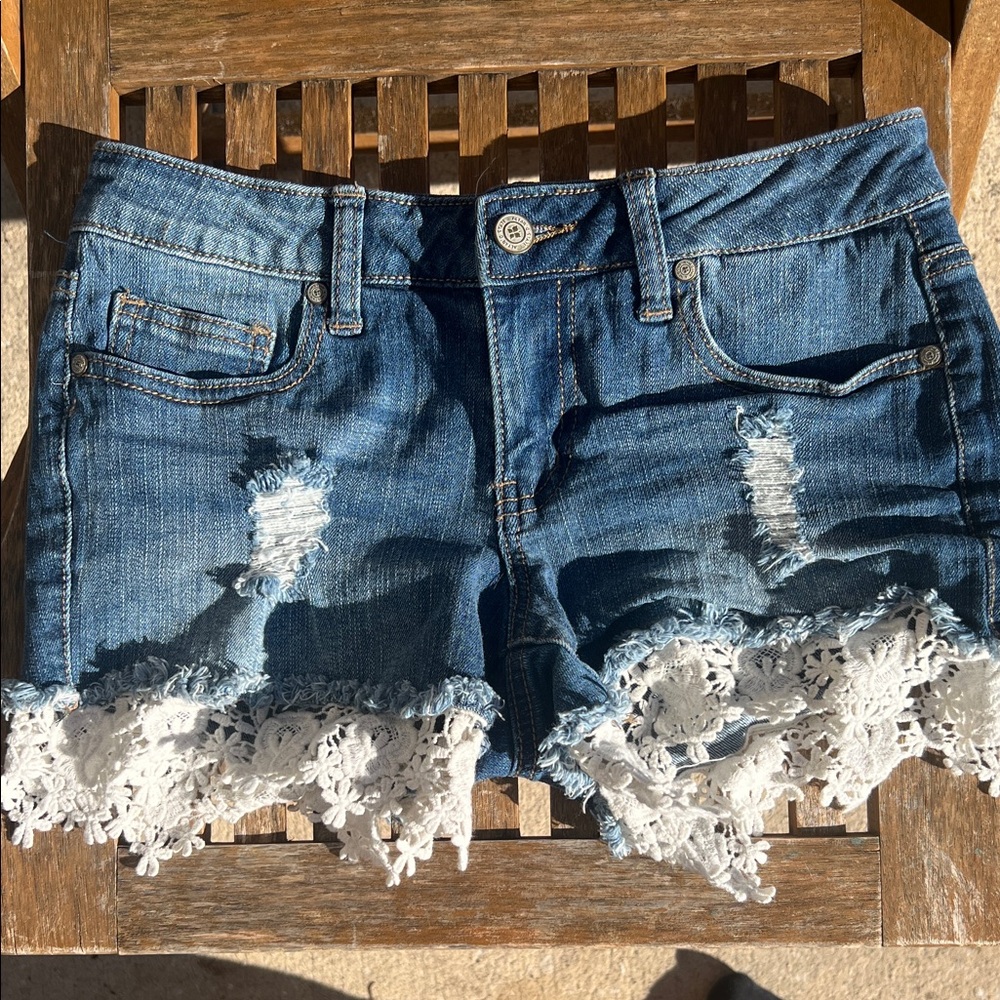 Altar'd State Blue Jean Shorts with White Lace Trim
